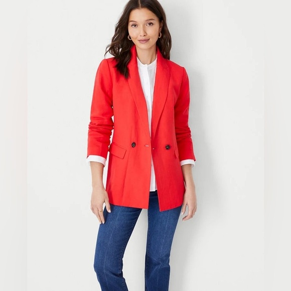 NWT Ann Taylor Linen Blend Double Breasted Blazer Red Sz 8 - Picture 2 of 9